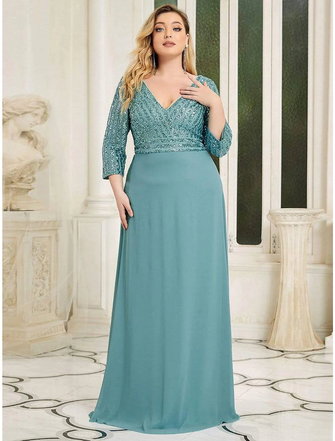 Wholesale  A-Line Evening Gown Plus Size Dress Wedding Guest Black Tie Floor Length 3/4 Length Sleeve V Neck Chiffon V Back with Sequin